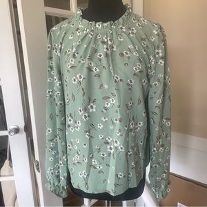 Romwe Green Floral Print Flounce Long Sleeve Mock-Neck Blouse - Size XL